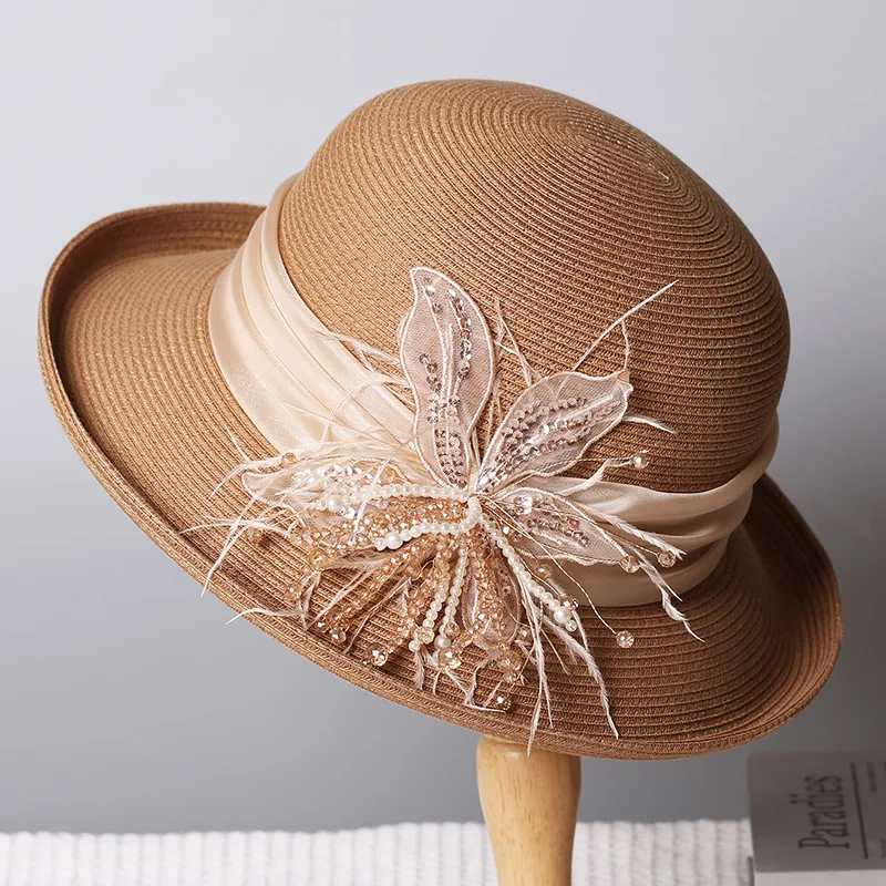 高級ビーズフラワーストローバケットハット-レディース-2026-スパンコールパール-ロールブリム-サンハット-フレンチエレガント-サマービーチ-サンシェード-パーティーキャップ