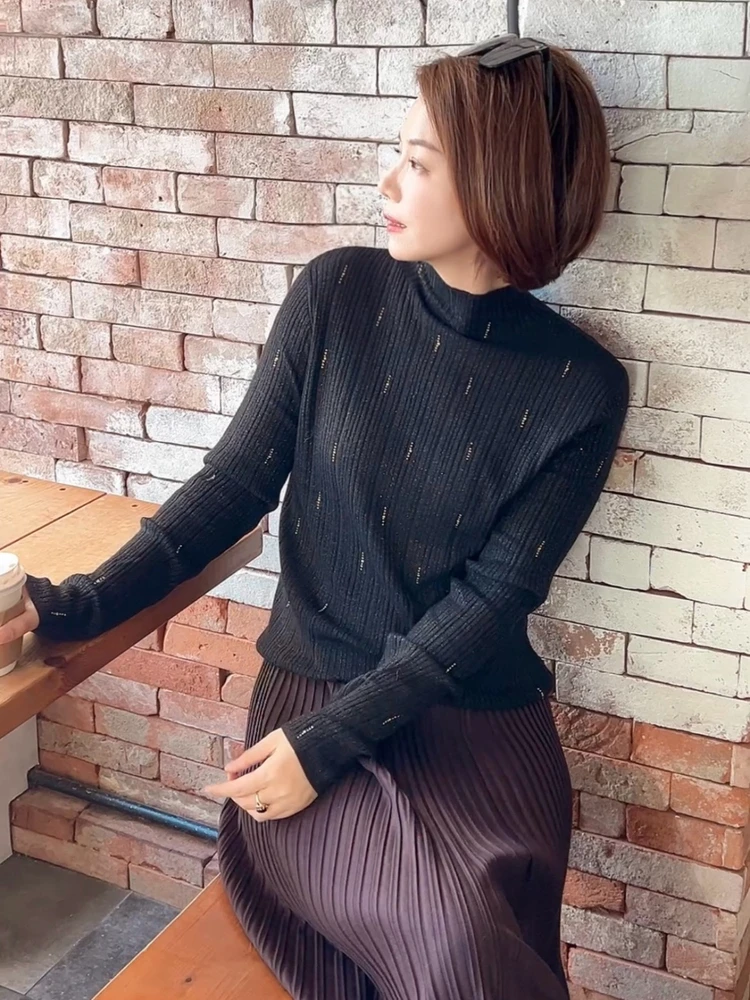 

Women's Slim Fit Wool Blend Base irt with High Collar And Rhinestones Y09 Casual Knitwear for Autumn Winter