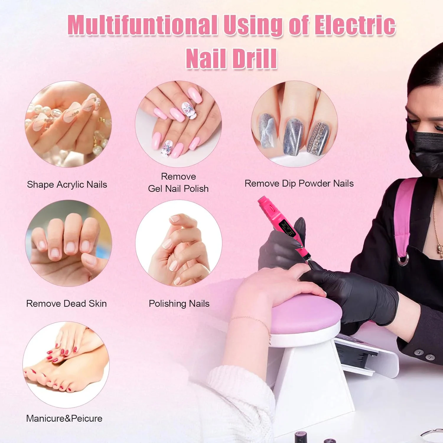 YIKOOLIN Acrylic Nail Drill Kit Electric Nail File 20000 RPM Portable Electric Nail Drill Bits Gel Remover Nail Tools