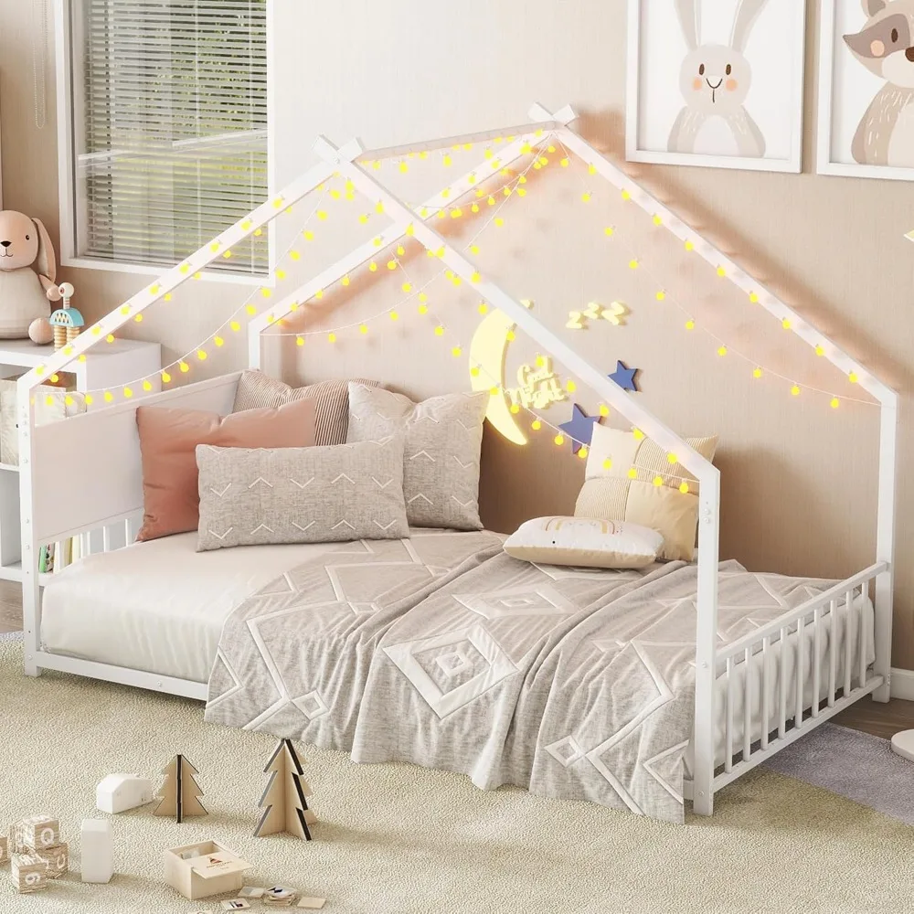 Cama de chão montessori de tamanho duplo com luz LED RGB, cama de chão de casa de tamanho duplo com cabeceira alta e estribo