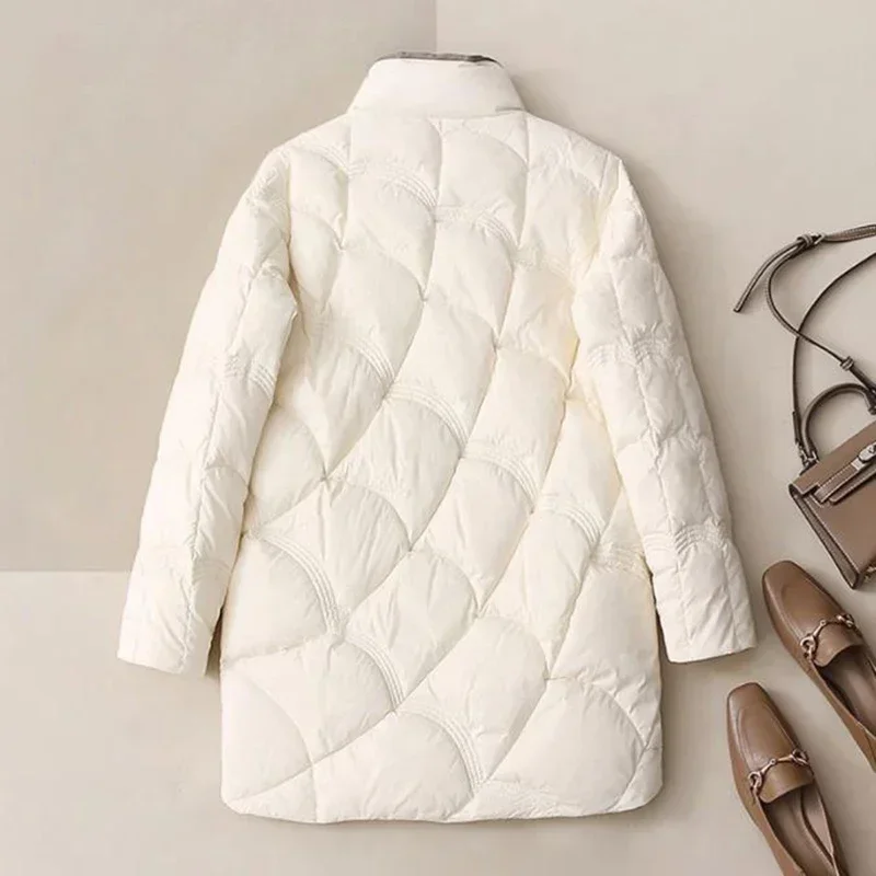 Autumn and Winter 90 White  Ultra Light Warm Coat for Women's Casual Splice Long Standing Collar Quilted Coat