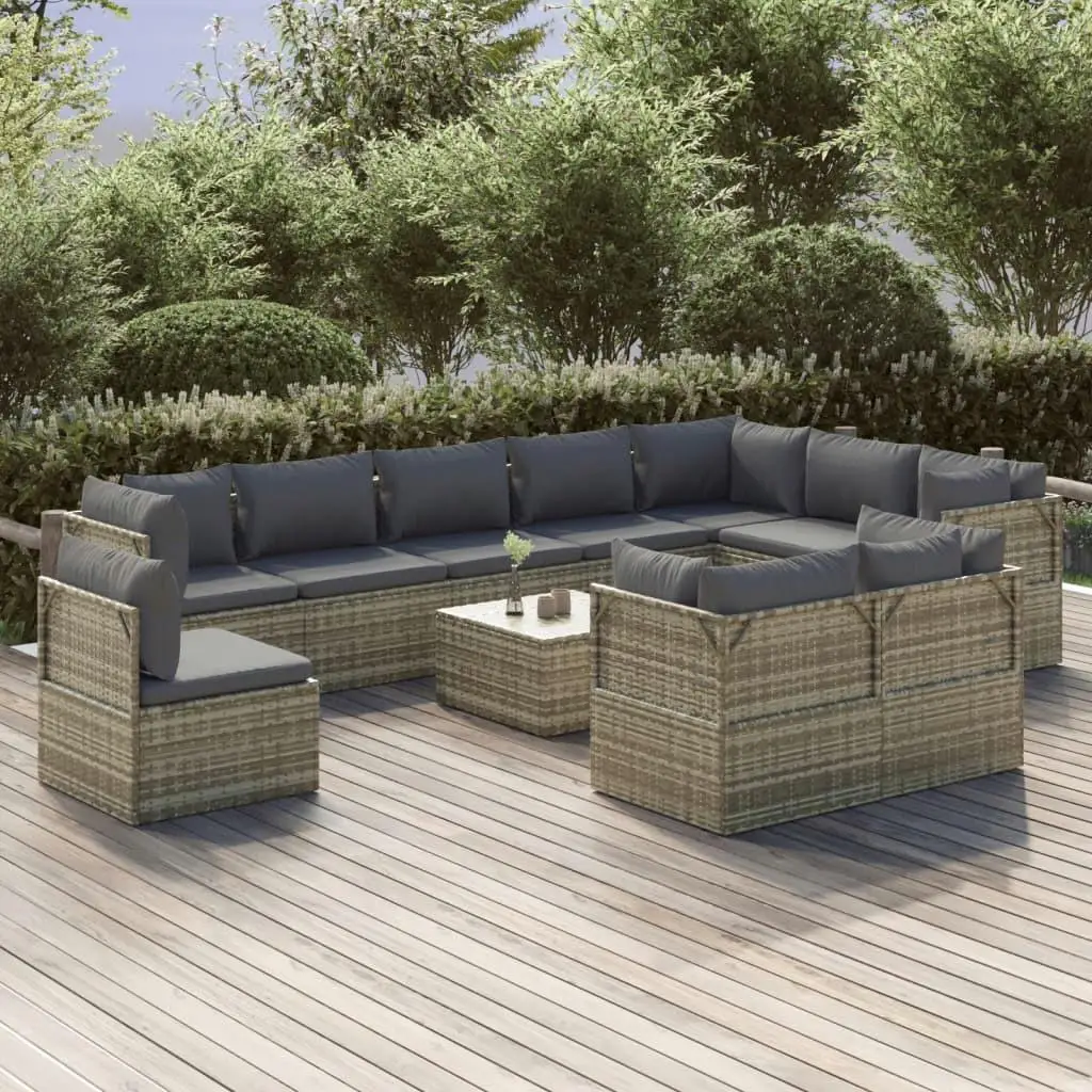 11-Piece Gray Poly Rattan Patio Lounge Set with Cushions - Outdoor Furniture for Garden & Deck