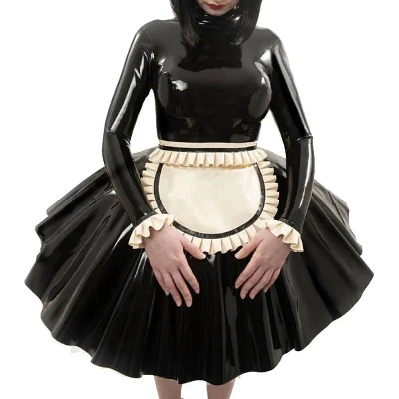 Sexy French Maid Latex Dress with Ruffs Cuffs on Apron Zipper at Back Rubber Uniform Bodycon Playsuit