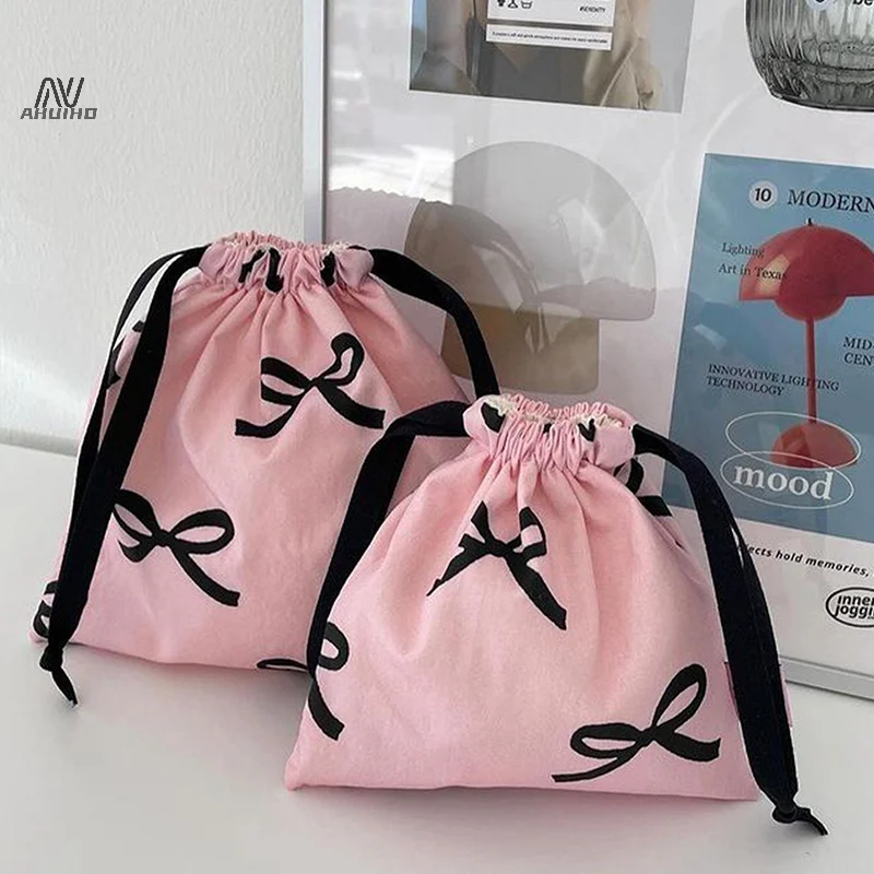 Bow Knot Striped Mini Drawstring Bag Cosmetic Storage Pouch Women Wallet Sweet Kawaii String Mini Pouch Girl's Storage Mini Bag