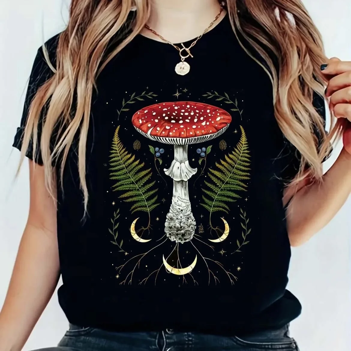 Vintage Botanical Graphic T Shirt Men Women Unisex Mushroom Witchy Shelf Print Casual Short Sleeve Summer Top Tees Women Clothes