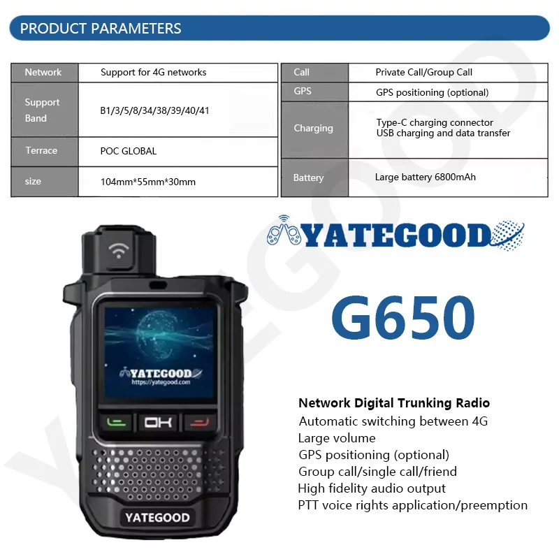 YATEGOOD G650 Walkie Talkie Portabel Genggam dengan Daya Tahan Baterai Lama, Interkom Tanpa Batas Jarak, Mendukung Komunikasi 4G, Jangkauan 5000KM