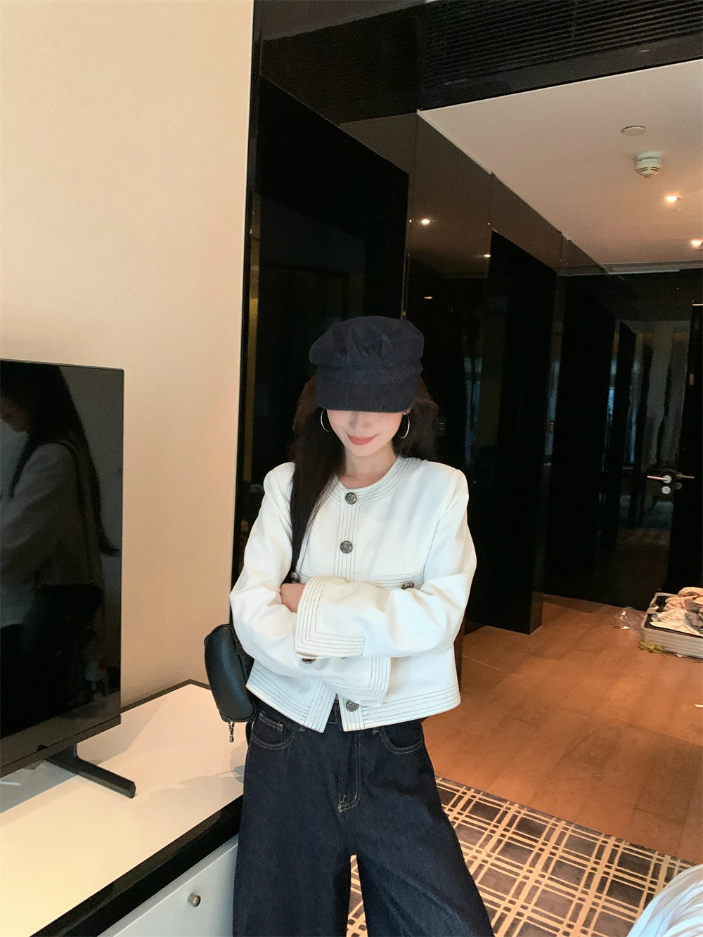 Tweedowa kurtka-płaszcz oversize damska wiosenna casualowa łączona dopasowana Ulzzang vintage z frędzlami ozdobnymi, szyfonowa, ze sznurkiem i kokardą, styl OL