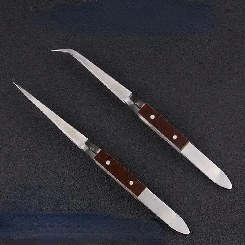2Pcs/set Stainless Steel Cross Locking Self Closing Insulated Tweezer Straight Elbow Tip Jewelry Soldering Craft Repair Tool