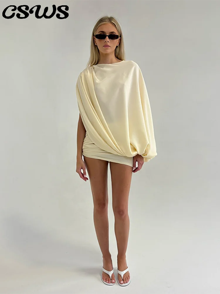 

Элегантный плиссированный костюм с шалью и юбкой, женский однотонный костюм с круглым вырезом и длинными рукавами, асимметричные топы, мини-тонкие юбки, модный весенний праздничный костюм