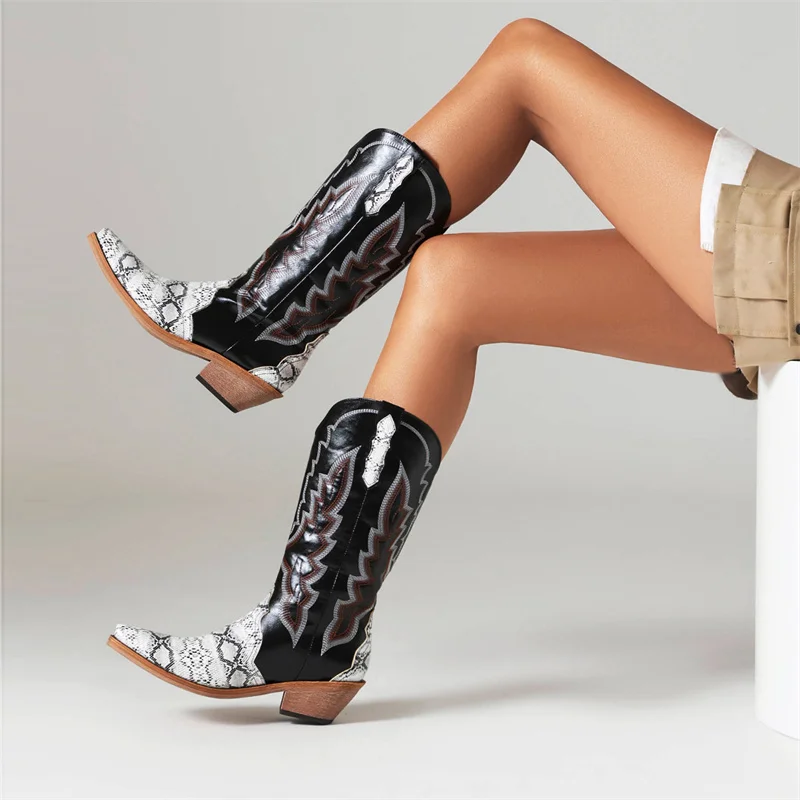 IPPEUM Leather Western Boots Women Embroidered Wide Calf Pointed Toe Retro Black Size 46 Cowgirl Cowboy Boots Free Shipping