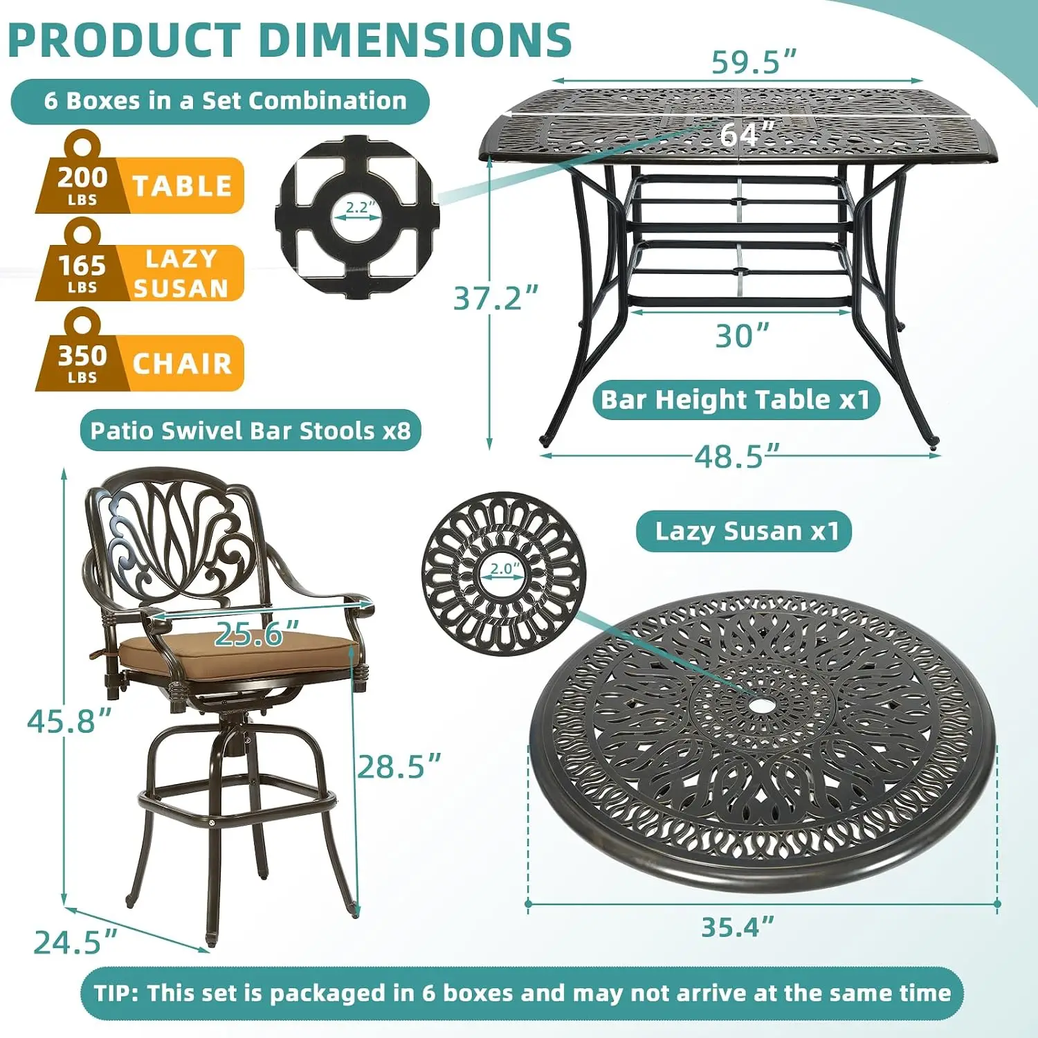 10-Piece Outdoor Bar Set Cast Aluminum 8 Swivel Stools 64