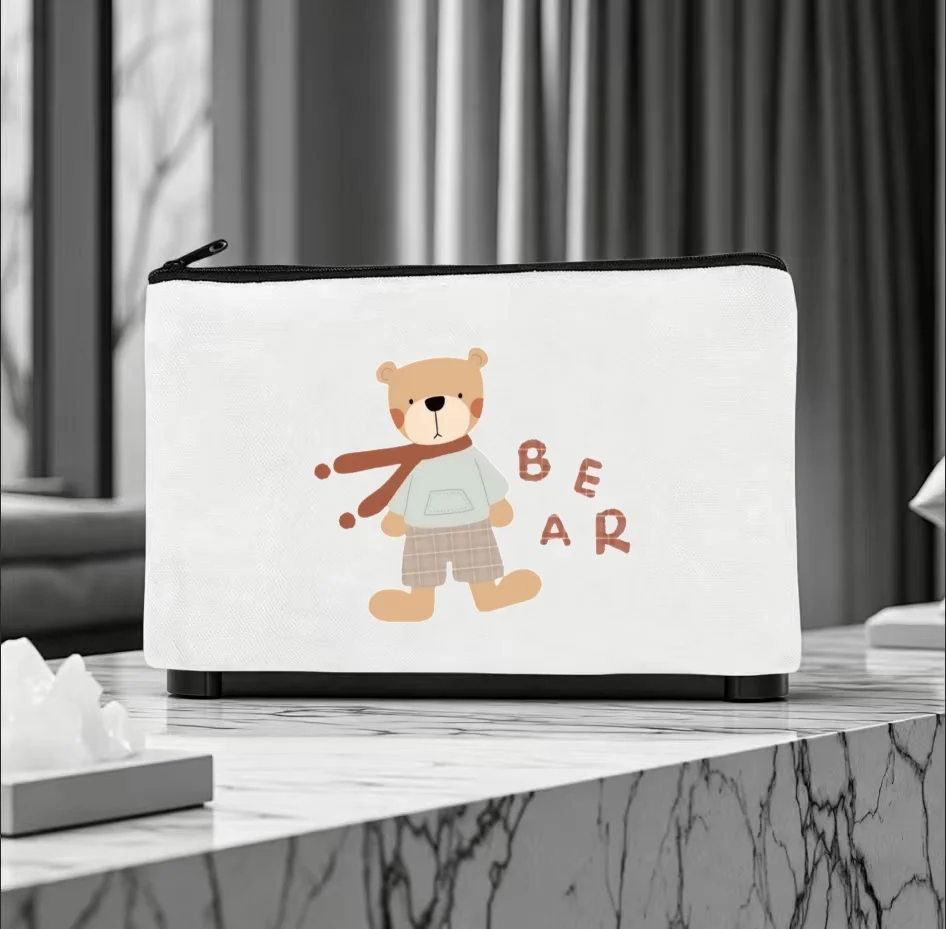 1PC Minimal Neutral Tone Scarf Bear BEAR Letter Canvas Cosmetic Bag Double Sided Portable Zipper Pouch