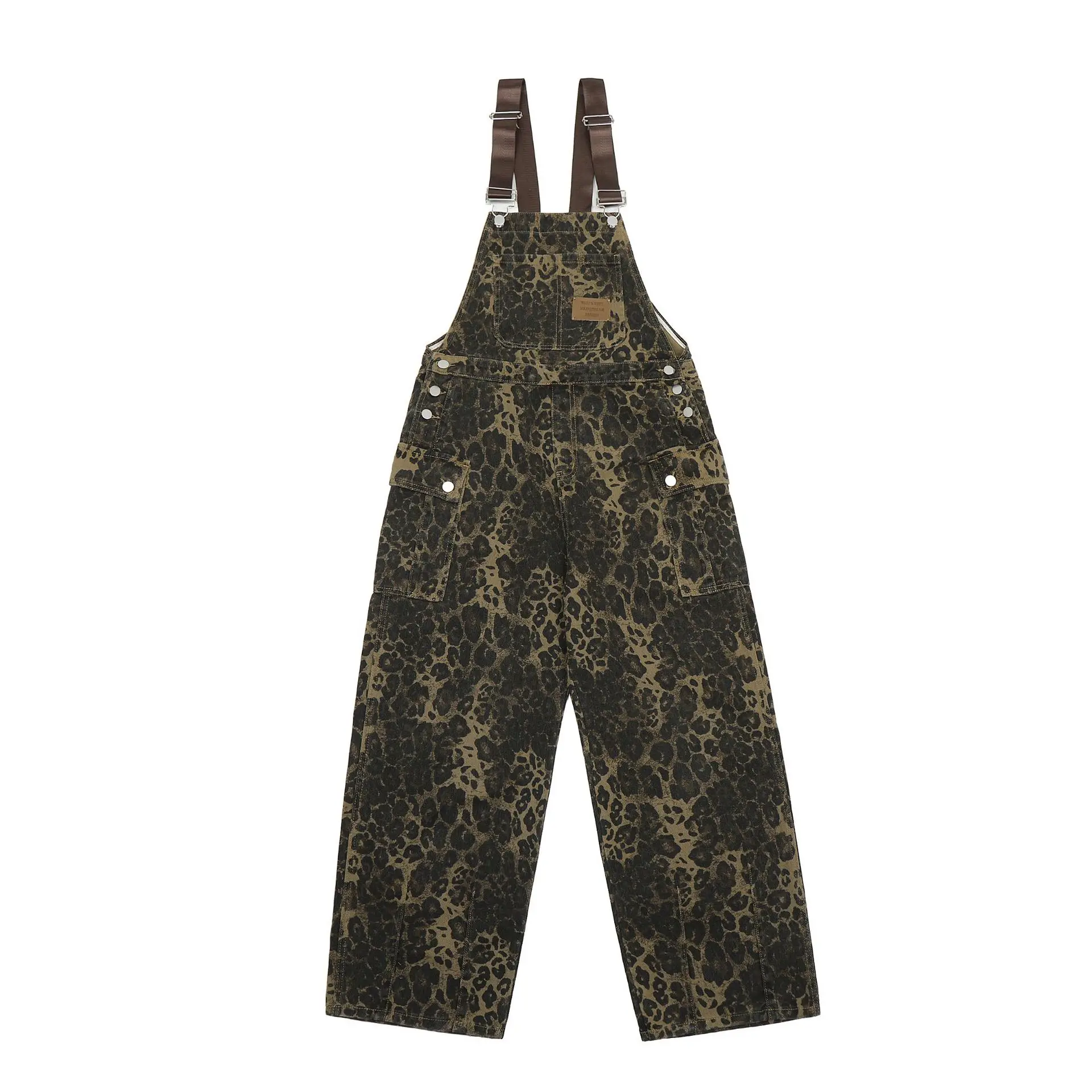 

Hip Hop Leopard Print Overalls Men Women Streetwear Straight Leg Workwear Overalls Trendy Street Loose Wide Leg Pants Jumpsuit