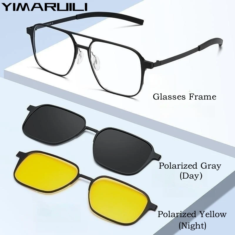 YIMARUILI Pilot Polarized Magnetic Clip On Glasses Pure Titanium Double Beam Optical Prescription Eyeglasses Frame Men and Women