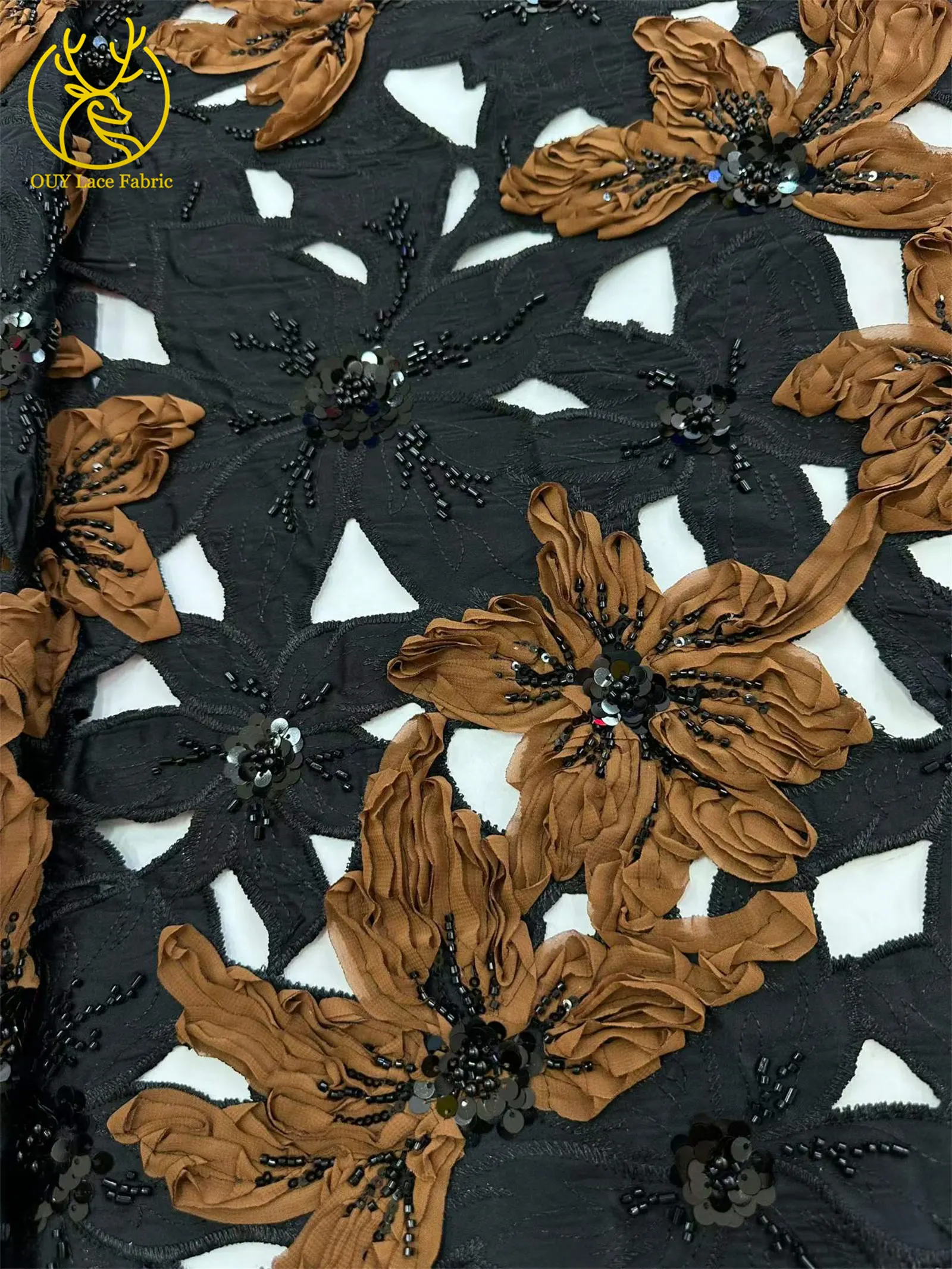 Afrikanischer französischer Stickerei-Spitzenstoff mit Perlen und Pailletten, nigerianischer Tüll-Stickerei-Blumenstoff für Abendkleider, Nähen und Dekoration – Detail 8