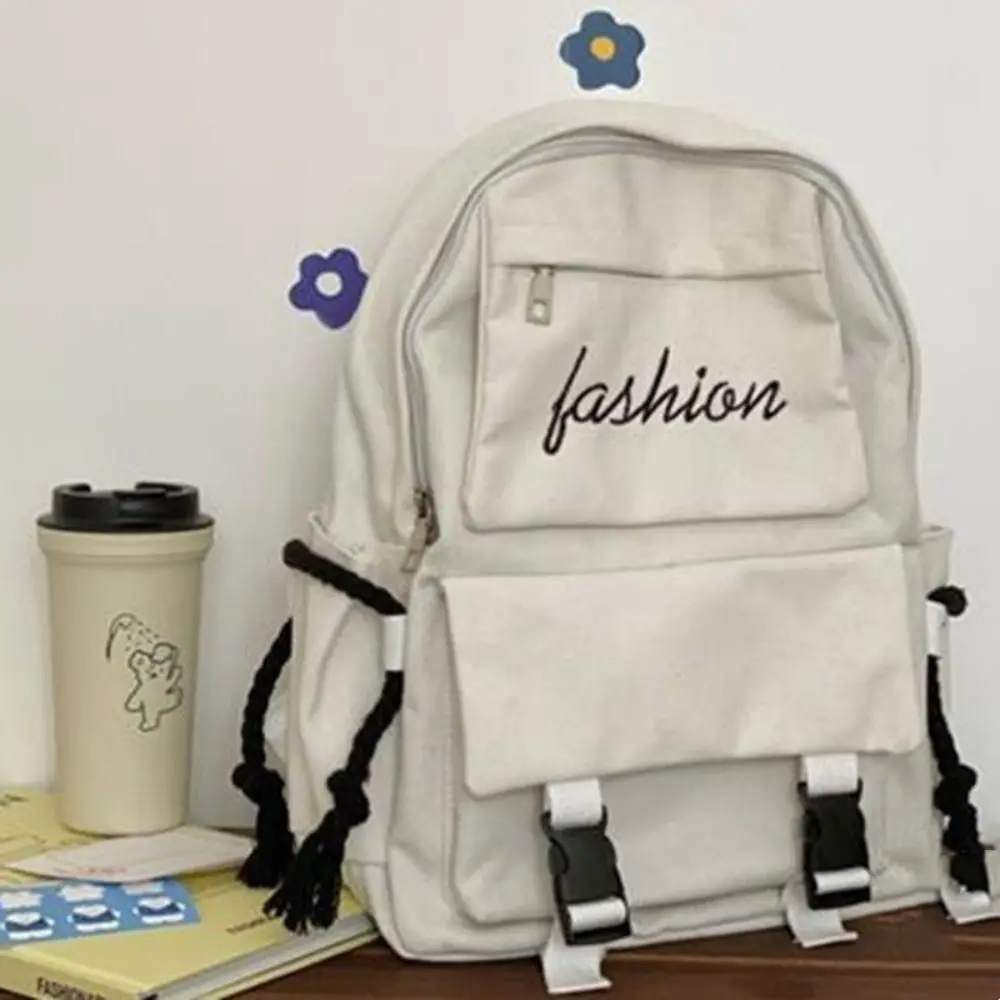 

Harajuku Canvas College Style Backpack White Schoolbag Laptop Backpack Black Korean Version Ins Large Capacity Bag Student
