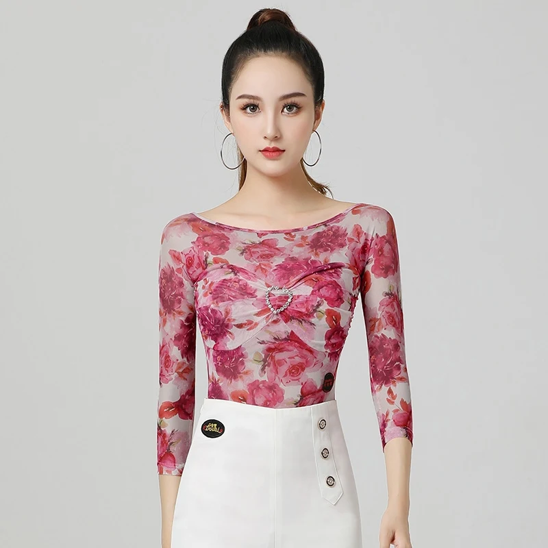 2025 Damen Modern Dance Top Print Diamantärmel Overall Chacha Rumba Tango Tanzkleid Latin Dance Kostüme Tragen DN 20792