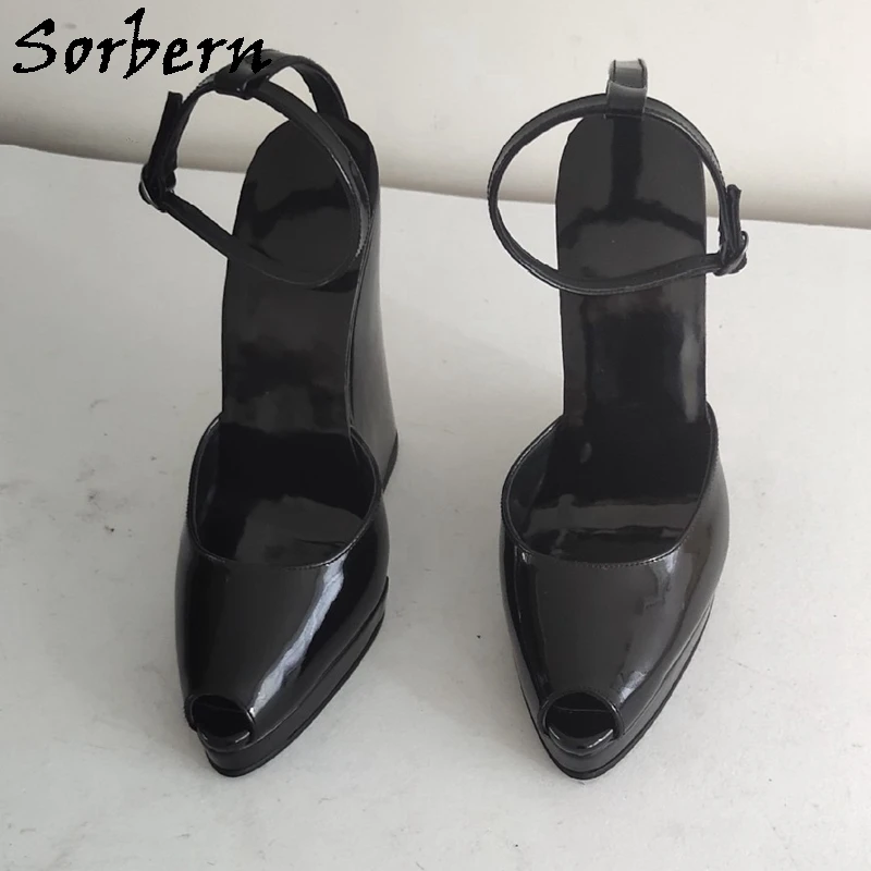 

Sorbern Retro Black Gloosy Wedge Sandals Peep Toe Ankle Strap Real Leather Women Slingback Summer Shoes Platform Custom Color