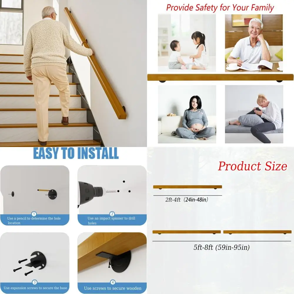 درابزين سلالم خشبية داخلية بطول 8 أقدام، درابزين مثبت على الحائط للسلالم، قضبان أمان للحديقة المنزلية غير قابلة للانزلاق #1