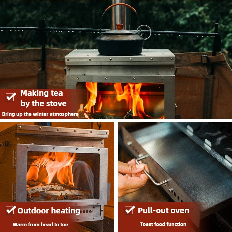 Stainless Steel Smokeless Fireplace Secondary Burning Wood Stove Large Glass Window Camping Tent Stove Firewood Heater Brazier