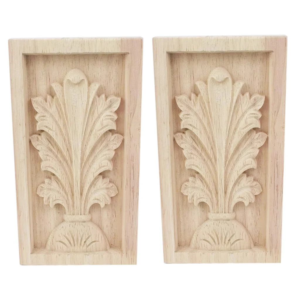 2PCS 15cm Wood Applique Decal Figurines Wooden Carved Decor Unpainted Large Crown Leaves Rectangle Flower Furniture Doors Home