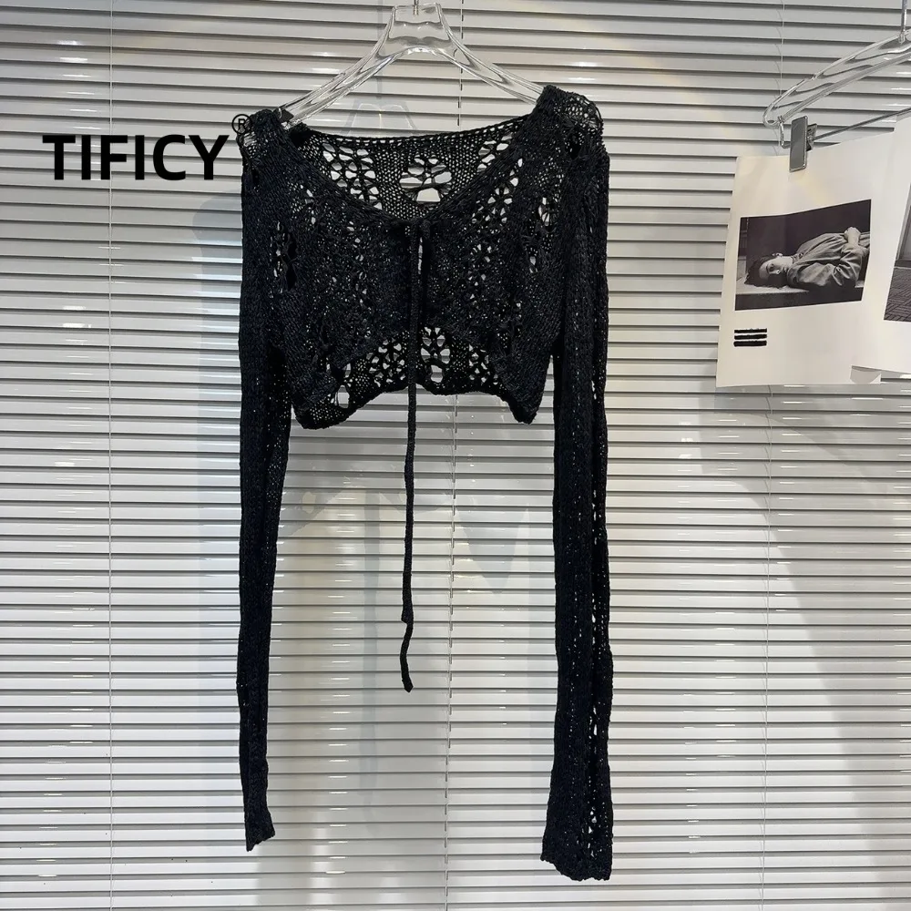 

High Street тонкий вязаный кардиган женский осенний новый полый крючок с цветочным дизайном ремешок однотонный вязаный кардиган с шалью куртки