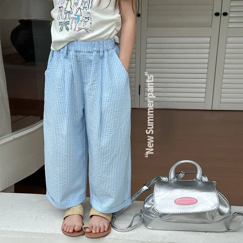 

Girls Casual Striped Rolled Wide Leg Pants 2024 Summer New Children Loose Pockets Elastic Waist Straight Pant Kids Trousers