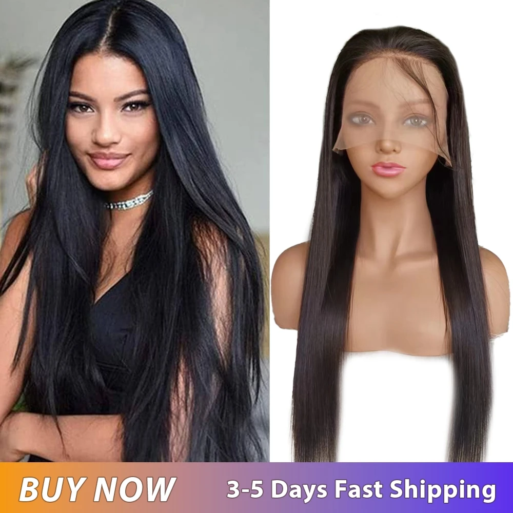 باروكة من شعر طبيعي 13x4 بوصة باروكة أمامية من الدانتيل خط شعر طبيعي جزء مجاني حريري مستقيم 180% كثافة مقاومة للحرارة للنساء 1B