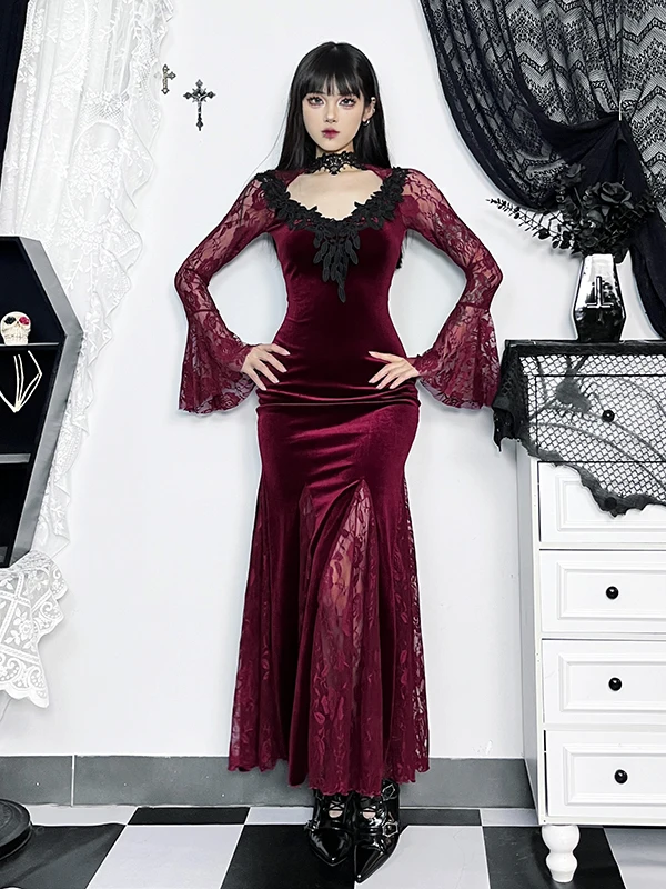 فستان دانتيل داكن بأكمام جرس وذيل سمكة، زي ملكة للحفلات والمسرح، تنورة ذيل سمكة ملفوفة للهالوين، رقبة على شكل V مع سحاب
