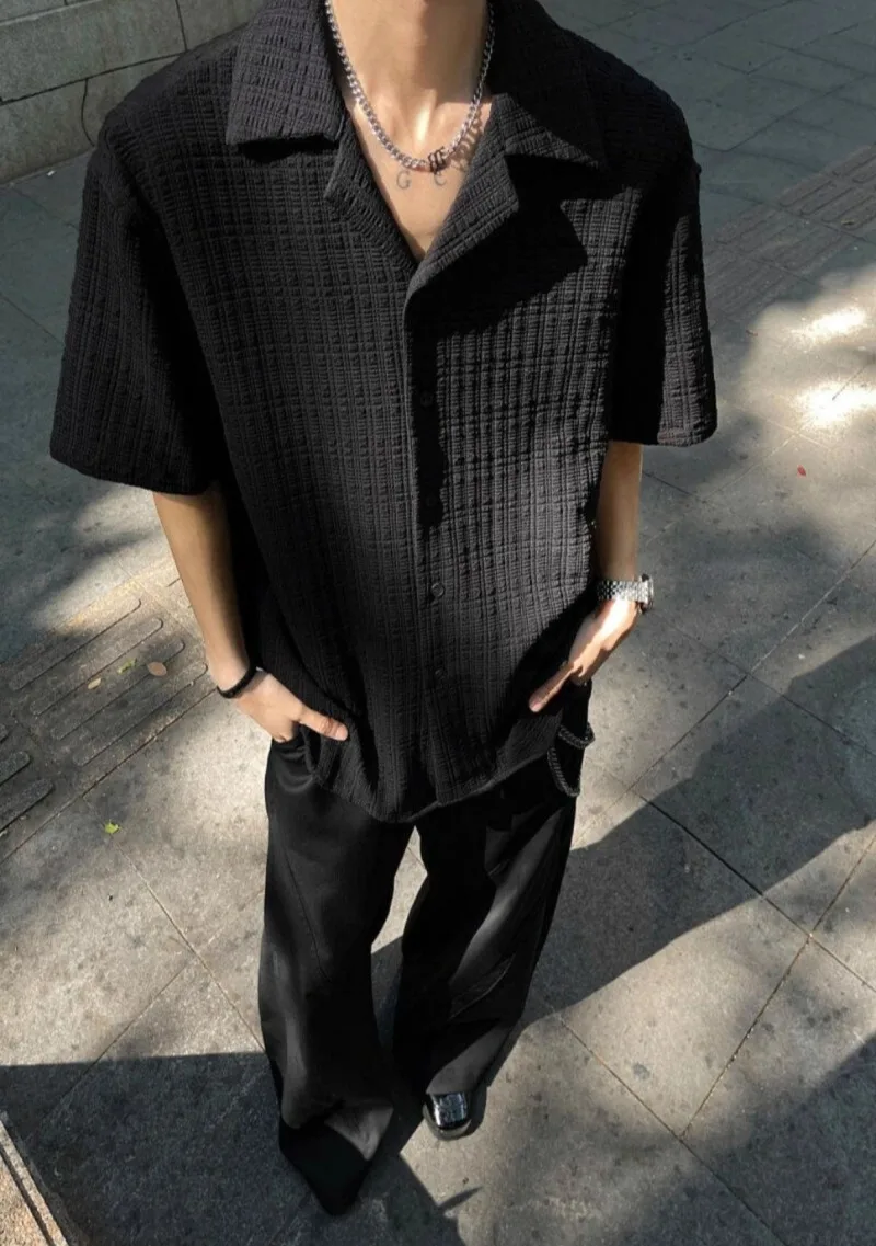 

Men's Summer Light Luxury Premium Cuban Collar Short Sleeve Shirt Korean Style Ice Silk Wrinkle Free Textured Loose Drapey Top