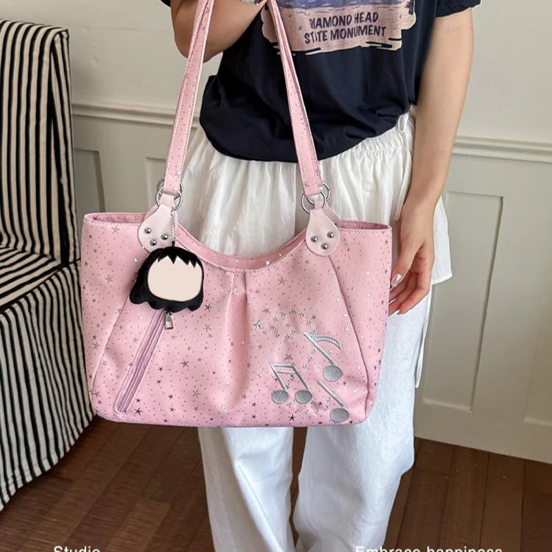 Handtasche mit seitlichem Reißverschluss und Musiknoten-Sternmuster, koreanische Nylon-Umhängetasche, süße, lässige, einfarbige Damen-Einkaufstasche für die Arbeit – Detail 16