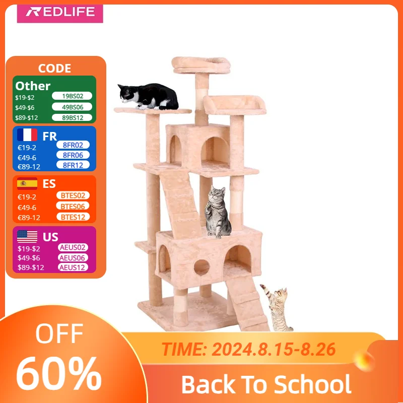 

REDLIFE Multi-Level Cat Tower with Hammock and Scratching Posts for Kittens Tall Cat Climbing Stand with Plush Toys ,light pink