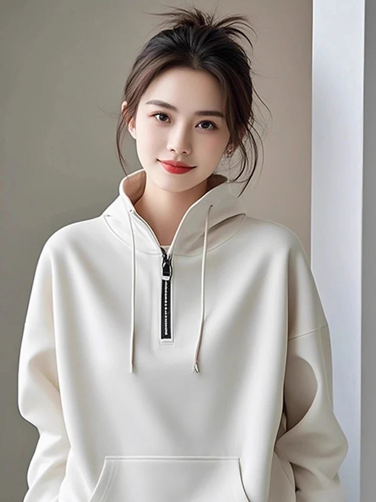 New Women Plus Velvet Sweatshirt Autumn Winter Fashion Zipper Turtleneck Long Sleeve Loose Pullover Casual Basic Sweatshirt