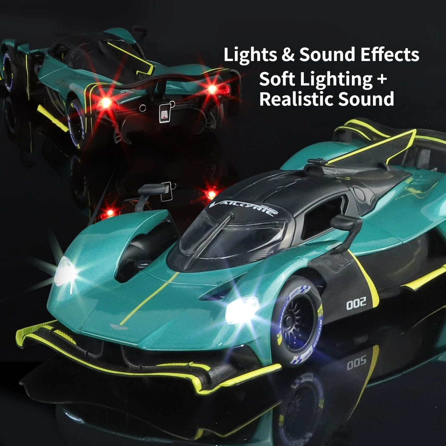 1:24 마틴 발키리 합금 모델카 – 4륜 충격 흡수, 소리 및 조명, 풀백 장난감