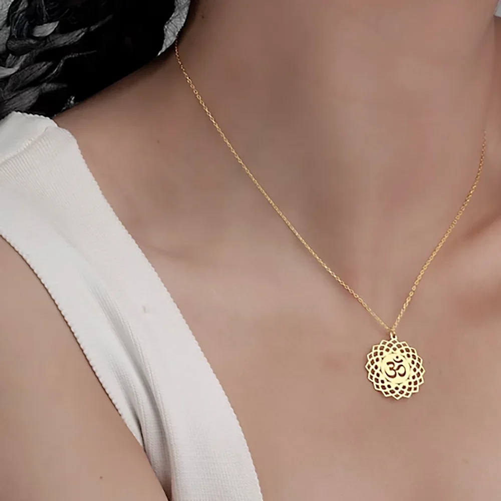 Om Symbol Necklace Lotus Flower Pendant Necklaces Women's Personalized Stainless Steel Jewelry Hindu Buddhist Chokers Gifts