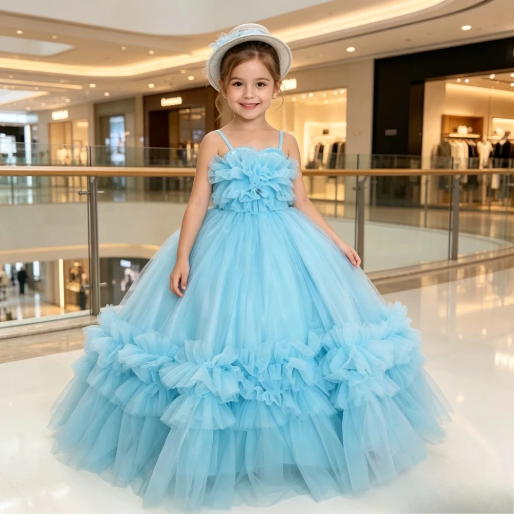 New Kids Formal Sleeveless Strapless Wedding DressGown Blue Full Skirt Costume Girls Fashion Elegant Piano Performance Birthday