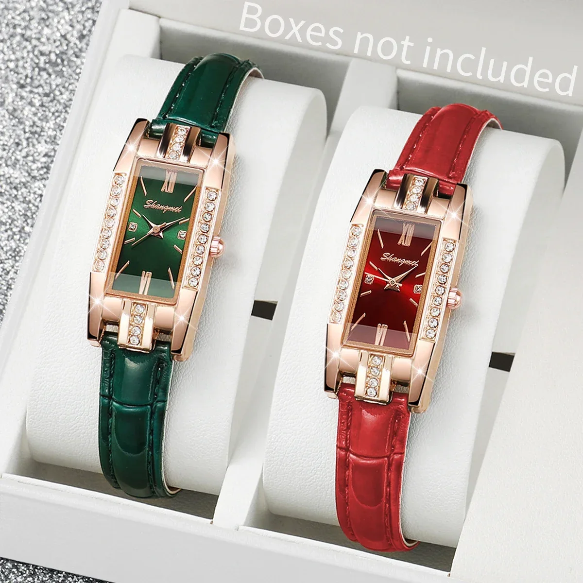 2-piece/complete set of women's fashion watches, rectangular leather bracelet, quartz watch (without case)