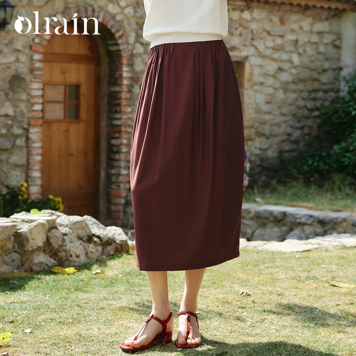 OLrain Vintage Red Balloon Skirt for Women 2026 Summer Minimalist Commute Elastic Waist Loose Casual A-Line Skirt O58XB003515