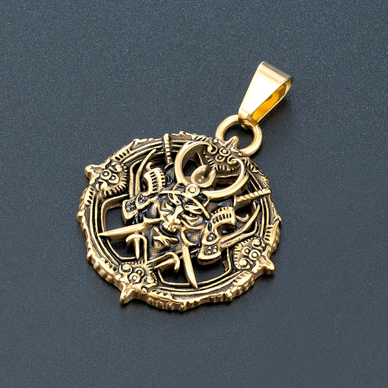Samurai Oni Mask Titanium Steel Pendant,Men's Japanese Punk Necklace,Gothic Trendy Jewelry(Golden/Steel Color)For boyfriend Gift