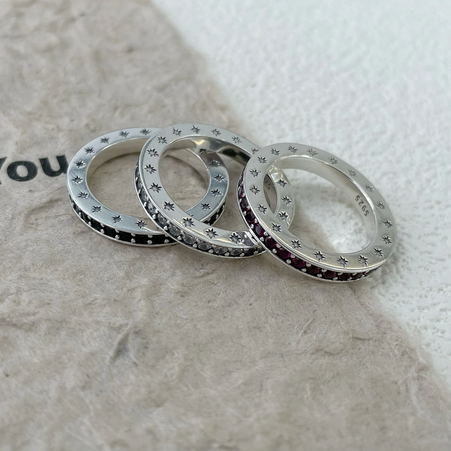 

S925 pure silver three color zircon star halo layered ring with a high-end feel and a light luxury versatile ring