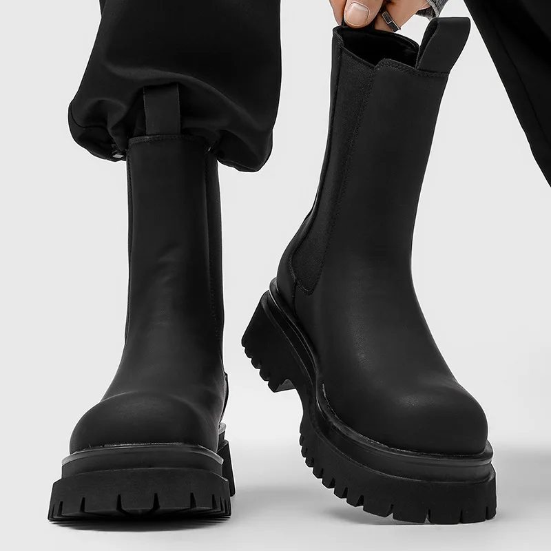 

men fashion stage nightclub high chelsea boots slip-on genuine leather shoes cowboy platform boot cool long motorcycle botas man