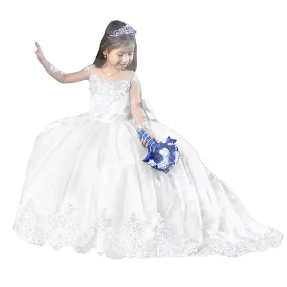 Vestido de menina de flor personalizado para casamento apliques rendas inchado mangas completas princesa pageant crianças aniversário primeira comunhão vestido