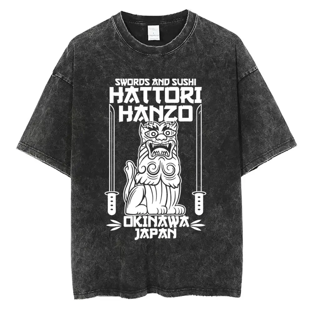 Quentin Tarantino Movie Hattori Hanzo RED Swords and Sushi Kill Bill Okinawa Japan Vintage Washed T Shirts Unisex Casual T-shirt