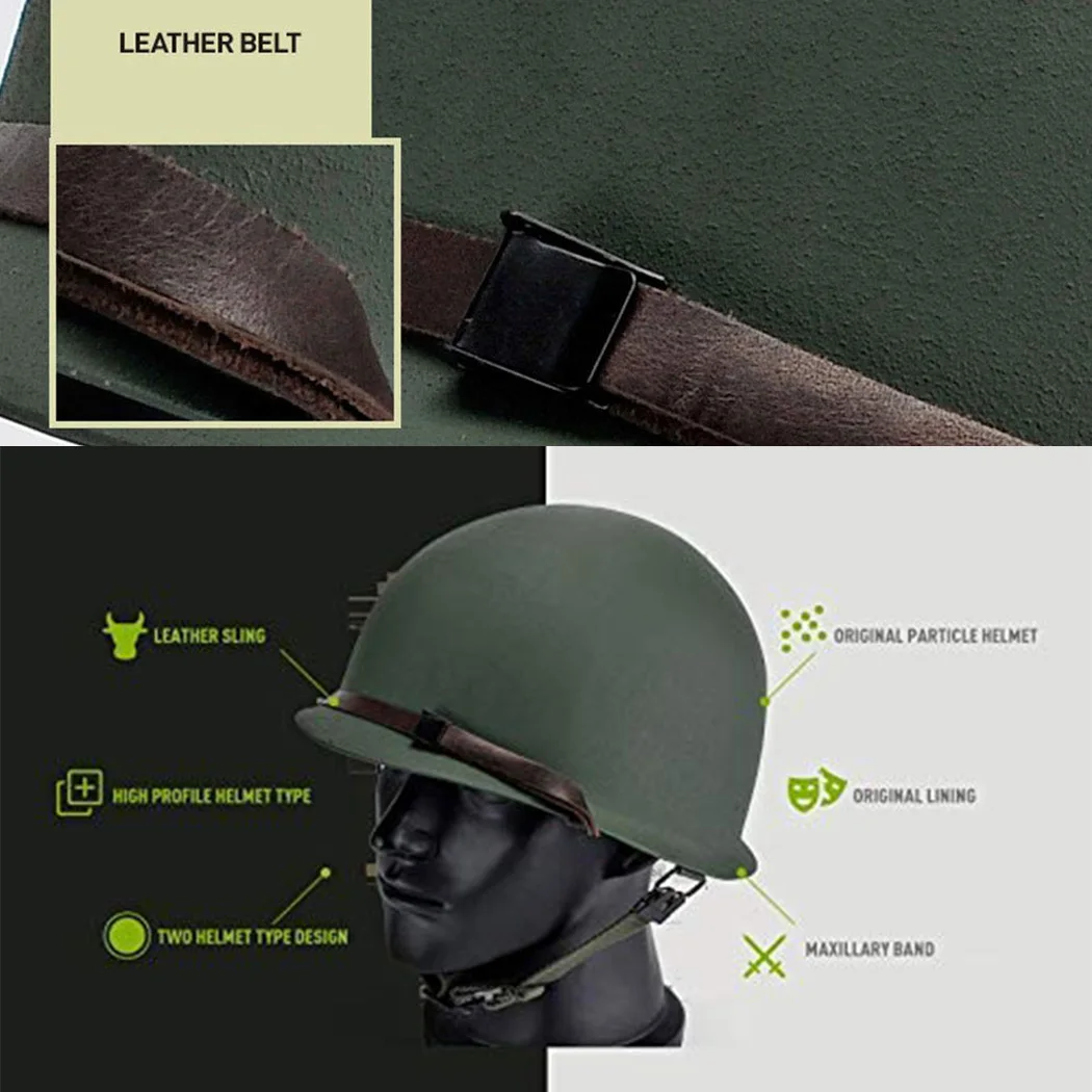 WWII US Army M1 Helmet, WW2 Gear, WW2 Helmet Metal Steel Shell Replica with Net/Canvas Chin Strap/Cat Eye Band