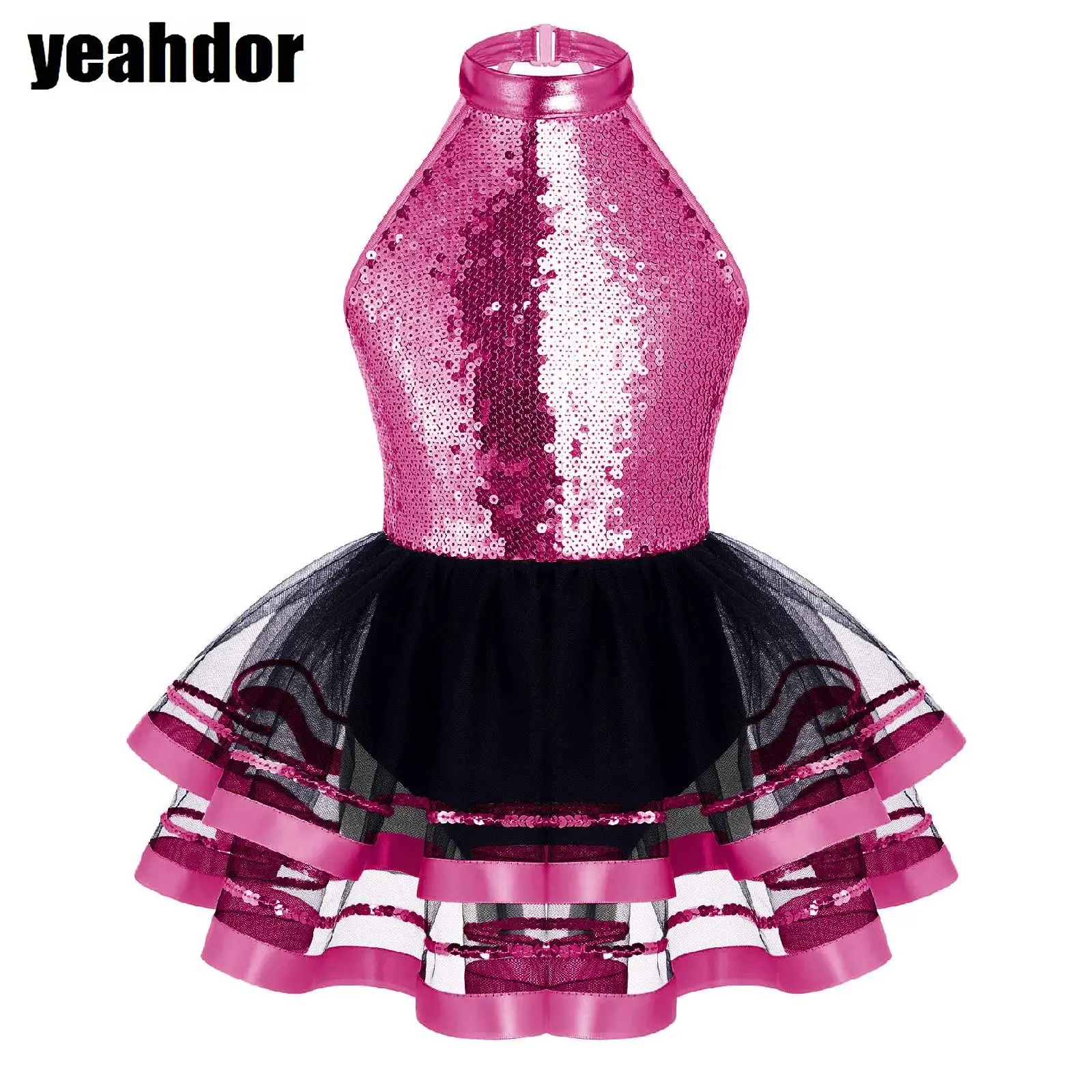 

Girls Halter Sequin Dress Ballet Tutu Leotard Dance Dress Shiny Gymnastics Unitards for Stage Performance Jazz Dancewear Costume