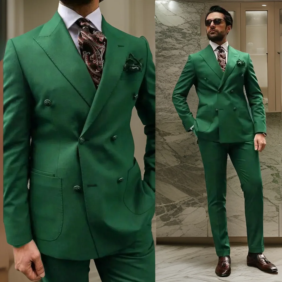 

2 Pcs Green Italian Suits for Men Wedding Double Breasted Slim Fit Peak Lapel Custom Male Groom Tuxedo (Jacket + Pants) 2024