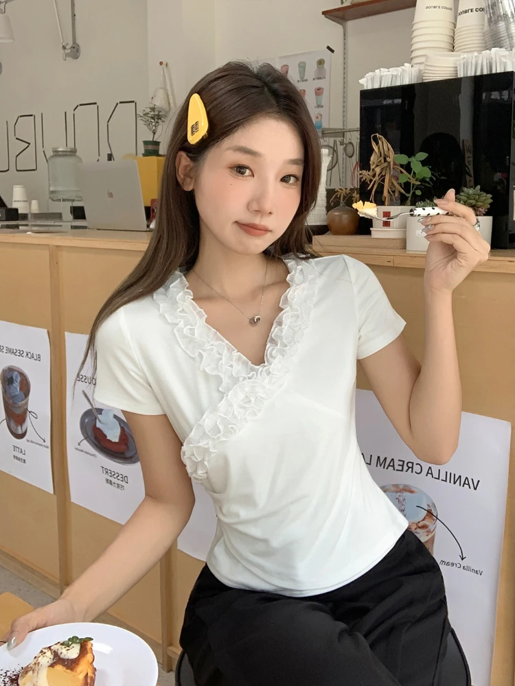 

Korobov Summer French Style Sweet V Neck Short Sleeve Solid Edible Tree Fungus Tuck The Waist T-Shirts