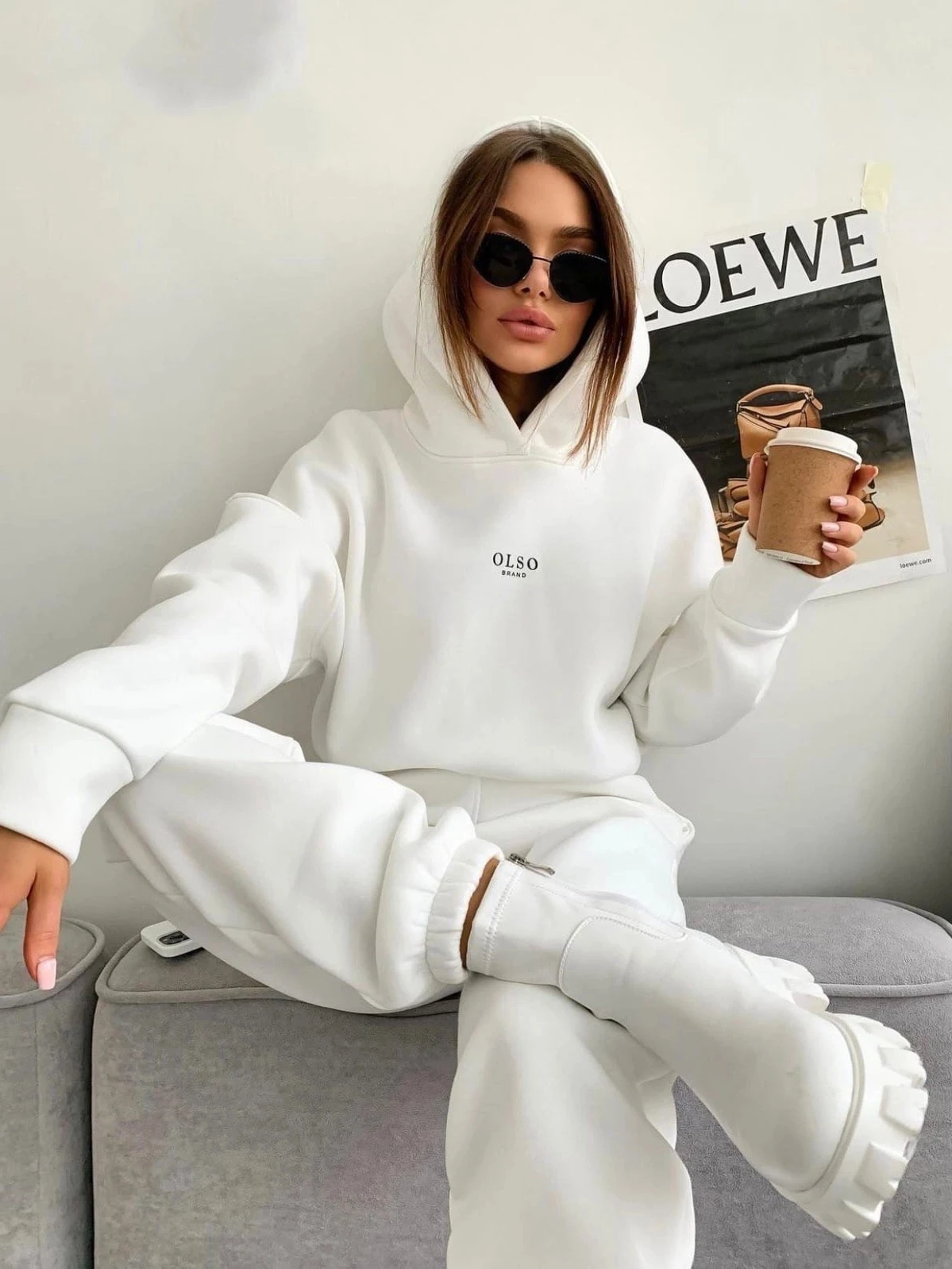 

Удобный вязаный комплект с капюшоном и повседневные брюки для женщин, весенне-осенний комплект из двух предметов, полиэфирная ткань