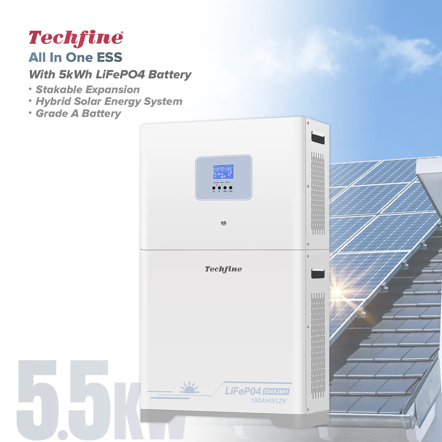 Techfine ESS LiFePO4 Battery 51.2V 100Ah All In One Energy Storage System With Hybrid Inverter And Lithium Battery