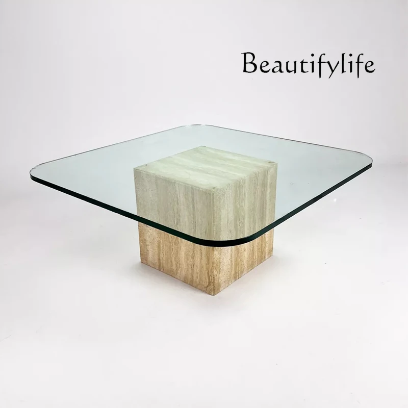 Wabi Sand Wind Natural Travertine Coffee Table Cream Wind Living Room Small Coffee Table Light Luxury Homestay Square Tea Table